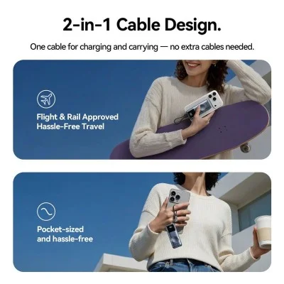 Vention mini 10000mah power bank (usb-c + usb-a) with built-in usb-c  cable and apple watch charging area 22.5w led display type - gray